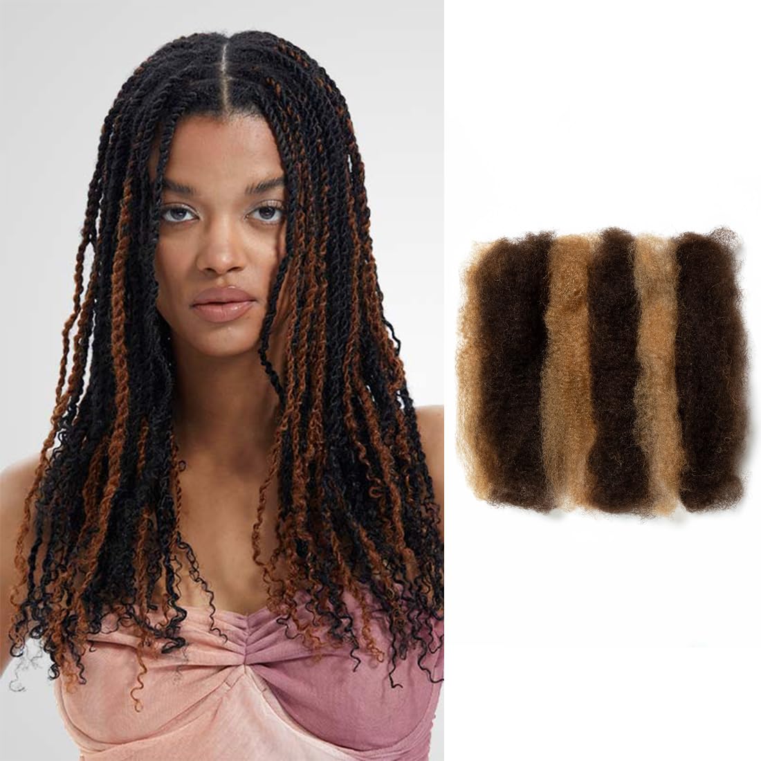 QVR Afro Kinkys Bulk Human Hair for Dreadlock Extensions Repair Locs 50 Gram/Pack,Auburn Brown Color 18 inches Mini Twist Braiding Afro Kinky Human Hair for Locs