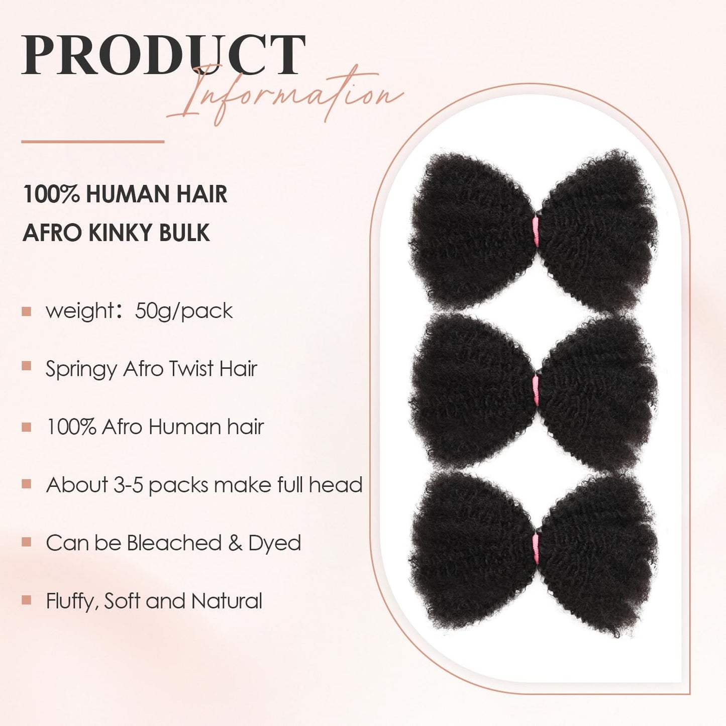 Afro Kinkys Bulk Human Hair 3 Pack 150g,Afro Kinky-Curly Human Hair Bulk Hair Bulk Human Braiding Hair for Dreadlock Extensions Repair Locs,Twist Afro Kinky Twist Extensions (14 Inch,50g/Pack)