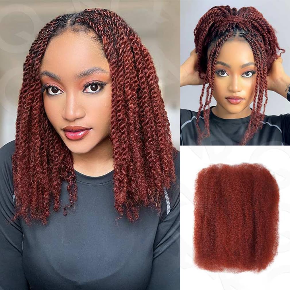QVR Afro Kinkys Bulk Human Hair for Dreadlock Extensions Repair Locs 50 Gram/Pack,Auburn Brown Color 18 inches Mini Twist Braiding Afro Kinky Human Hair for Locs