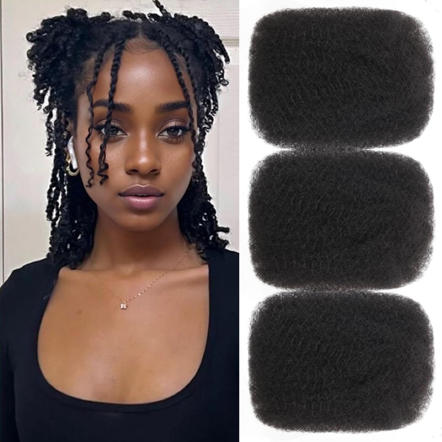 Afro Kinkys Bulk Human Hair 3 Pack 150g,Afro Kinky-Curly Human Hair Bulk Hair Bulk Human Braiding Hair for Dreadlock Extensions Repair Locs,Twist Afro Kinky Twist Extensions (14 Inch,50g/Pack)