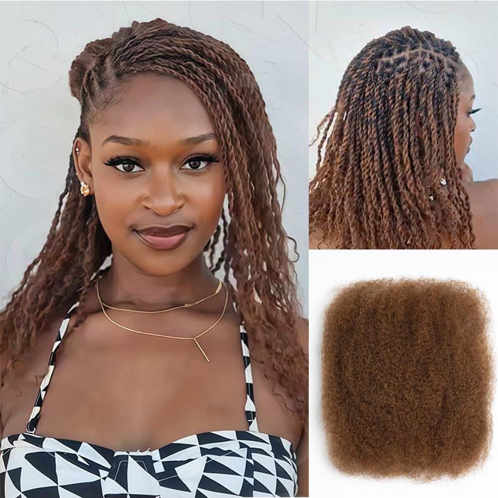 QVR Afro Kinkys Bulk Human Hair for Dreadlock Extensions Repair Locs 50 Gram/Pack,Auburn Brown Color 18 inches Mini Twist Braiding Afro Kinky Human Hair for Locs