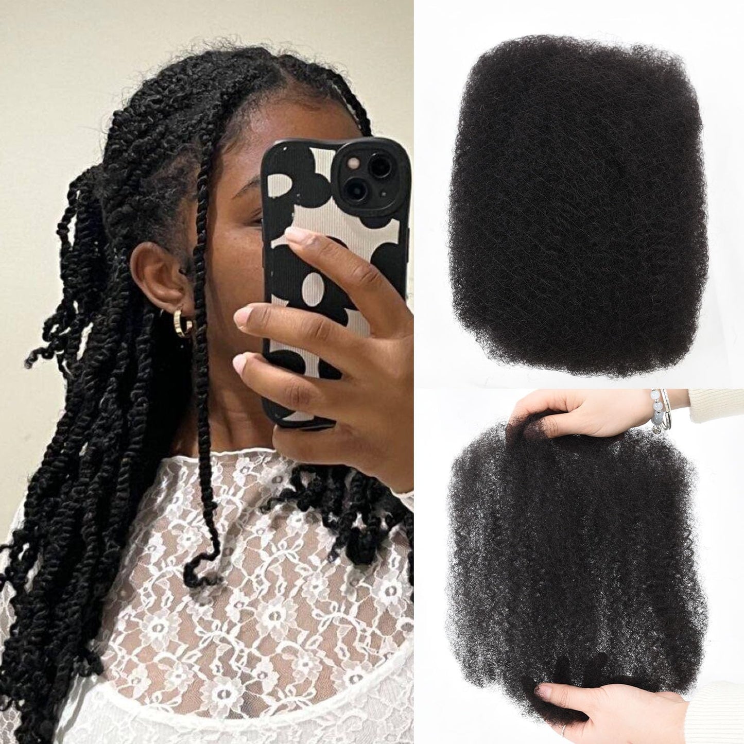 Afro Kinkys Bulk Human Hair 3 Pack 150g,Afro Kinky-Curly Human Hair Bulk Hair Bulk Human Braiding Hair for Dreadlock Extensions Repair Locs,Twist Afro Kinky Twist Extensions (14 Inch,50g/Pack)